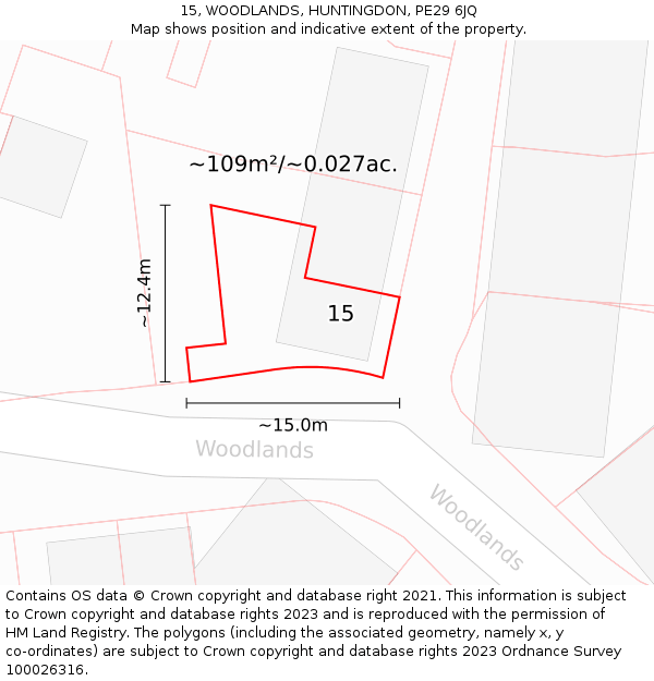 15, WOODLANDS, HUNTINGDON, PE29 6JQ: Plot and title map