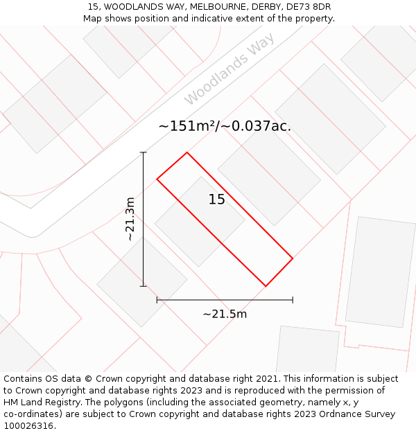 15, WOODLANDS WAY, MELBOURNE, DERBY, DE73 8DR: Plot and title map