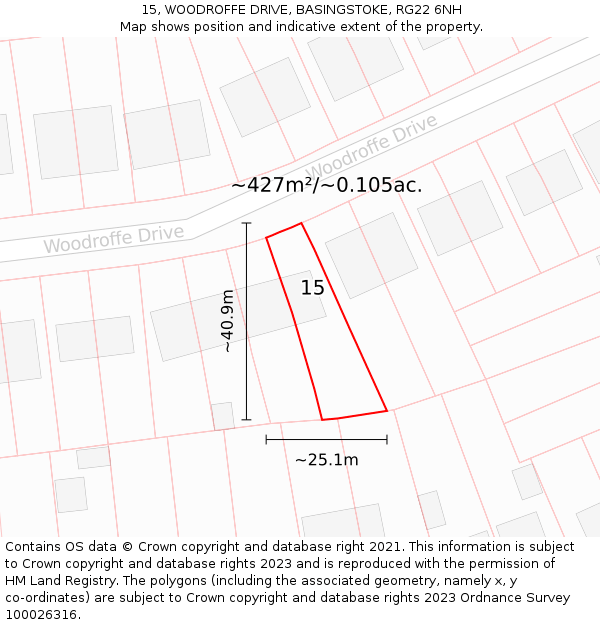 15, WOODROFFE DRIVE, BASINGSTOKE, RG22 6NH: Plot and title map