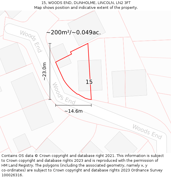 15, WOODS END, DUNHOLME, LINCOLN, LN2 3FT: Plot and title map