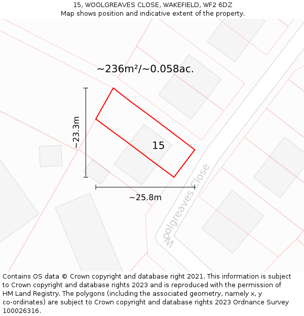 15, WOOLGREAVES CLOSE, WAKEFIELD, WF2 6DZ: Plot and title map