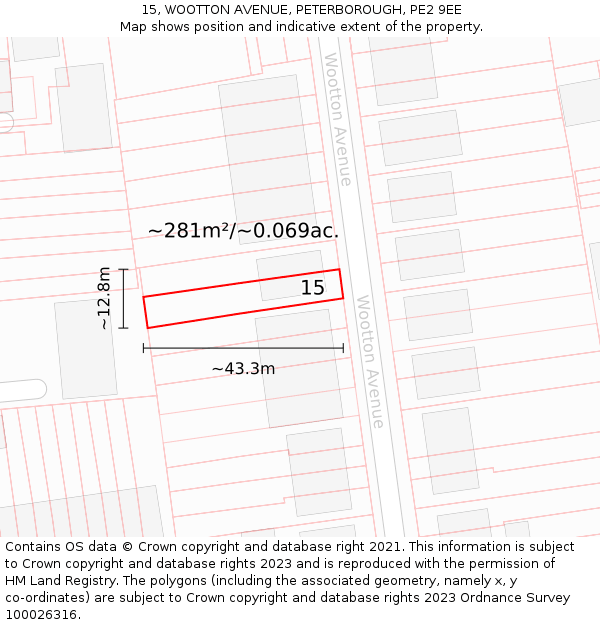 15, WOOTTON AVENUE, PETERBOROUGH, PE2 9EE: Plot and title map