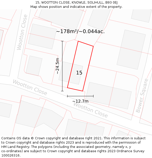 15, WOOTTON CLOSE, KNOWLE, SOLIHULL, B93 0EJ: Plot and title map