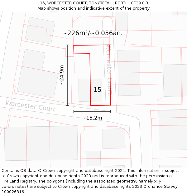 15, WORCESTER COURT, TONYREFAIL, PORTH, CF39 8JR: Plot and title map