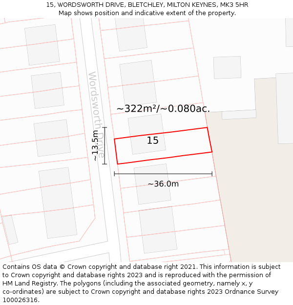 15, WORDSWORTH DRIVE, BLETCHLEY, MILTON KEYNES, MK3 5HR: Plot and title map