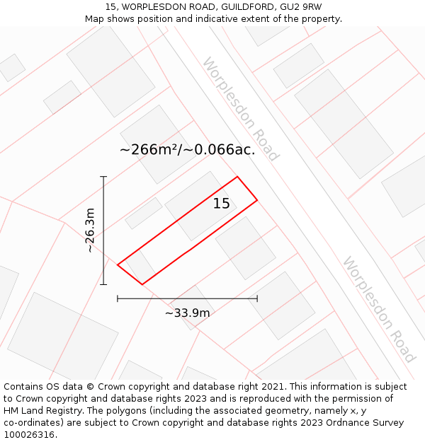 15, WORPLESDON ROAD, GUILDFORD, GU2 9RW: Plot and title map