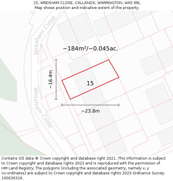 15, WREXHAM CLOSE, CALLANDS, WARRINGTON, WA5 9RL: Plot and title map