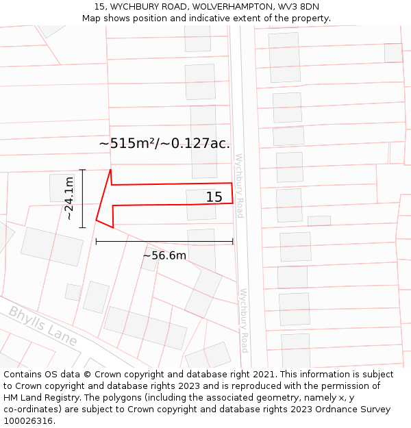 15, WYCHBURY ROAD, WOLVERHAMPTON, WV3 8DN: Plot and title map