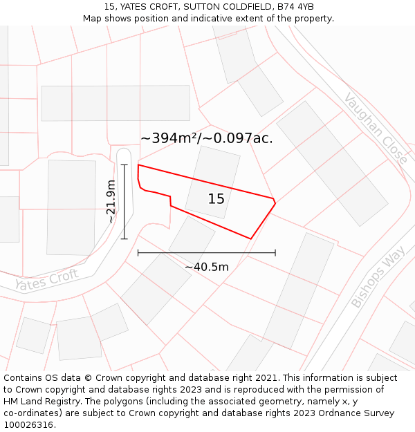 15, YATES CROFT, SUTTON COLDFIELD, B74 4YB: Plot and title map