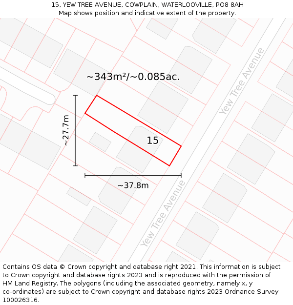 15, YEW TREE AVENUE, COWPLAIN, WATERLOOVILLE, PO8 8AH: Plot and title map