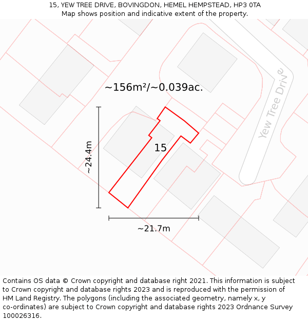 15, YEW TREE DRIVE, BOVINGDON, HEMEL HEMPSTEAD, HP3 0TA: Plot and title map
