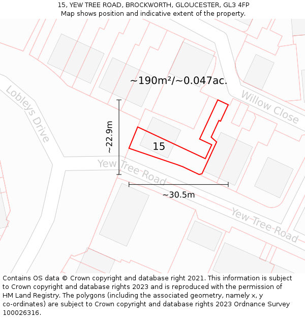15, YEW TREE ROAD, BROCKWORTH, GLOUCESTER, GL3 4FP: Plot and title map