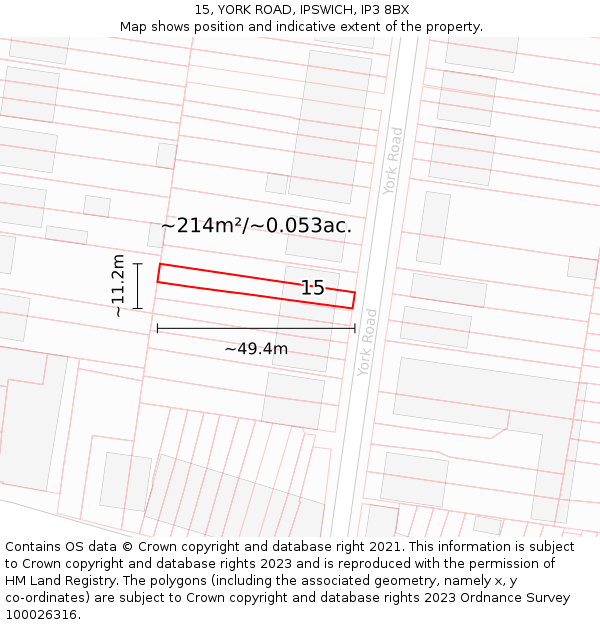15, YORK ROAD, IPSWICH, IP3 8BX: Plot and title map