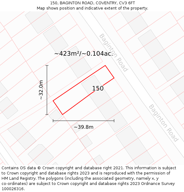 150, BAGINTON ROAD, COVENTRY, CV3 6FT: Plot and title map