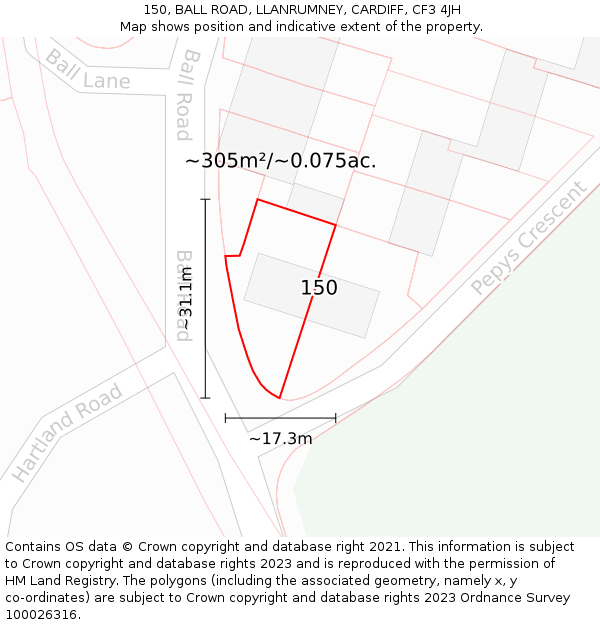 150, BALL ROAD, LLANRUMNEY, CARDIFF, CF3 4JH: Plot and title map