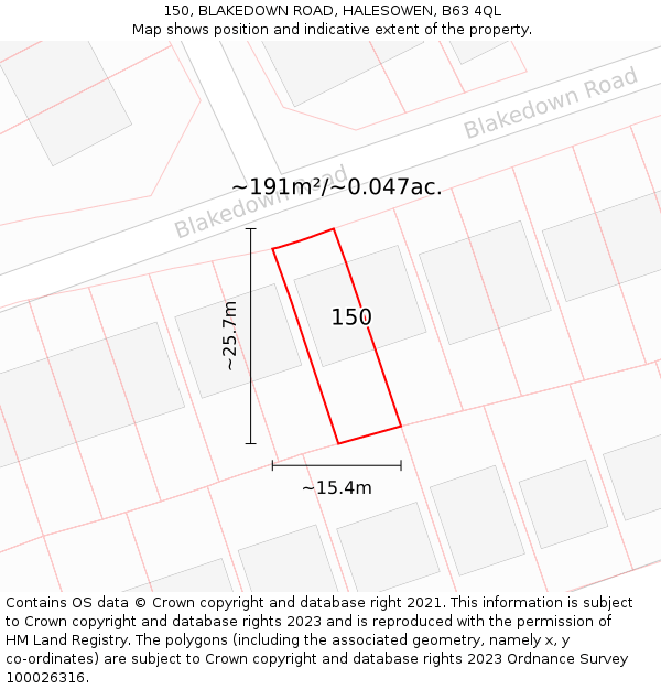 150, BLAKEDOWN ROAD, HALESOWEN, B63 4QL: Plot and title map