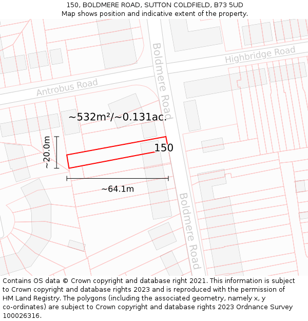150, BOLDMERE ROAD, SUTTON COLDFIELD, B73 5UD: Plot and title map