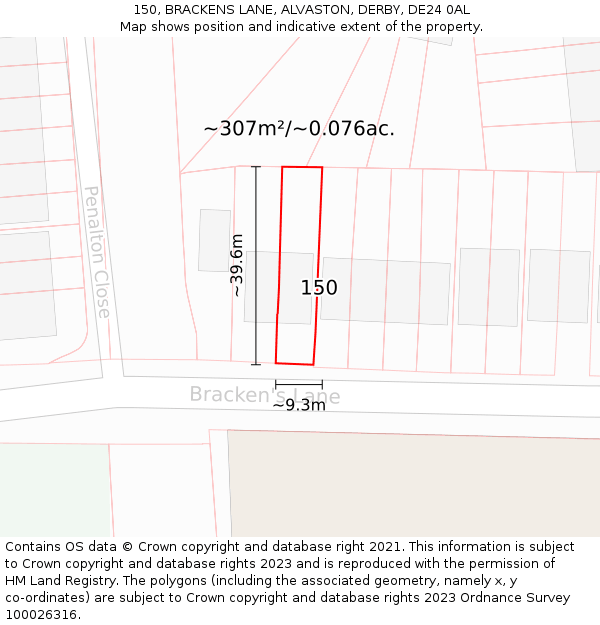 150, BRACKENS LANE, ALVASTON, DERBY, DE24 0AL: Plot and title map