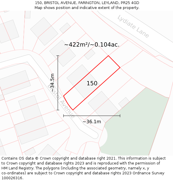 150, BRISTOL AVENUE, FARINGTON, LEYLAND, PR25 4GD: Plot and title map