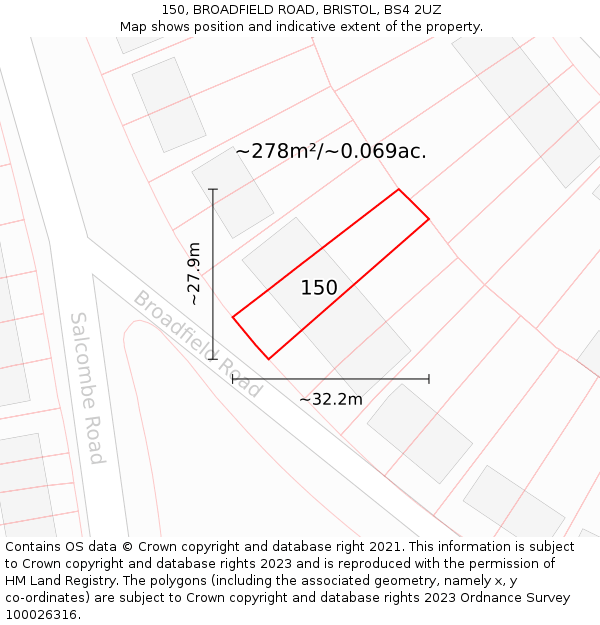 150, BROADFIELD ROAD, BRISTOL, BS4 2UZ: Plot and title map