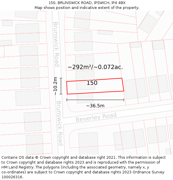150, BRUNSWICK ROAD, IPSWICH, IP4 4BX: Plot and title map