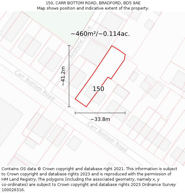150, CARR BOTTOM ROAD, BRADFORD, BD5 9AE: Plot and title map