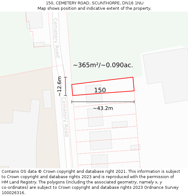 150, CEMETERY ROAD, SCUNTHORPE, DN16 1NU: Plot and title map