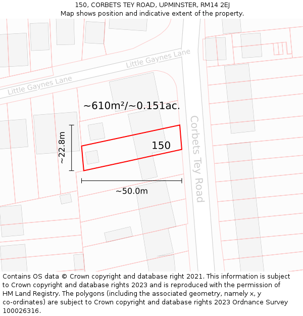150, CORBETS TEY ROAD, UPMINSTER, RM14 2EJ: Plot and title map