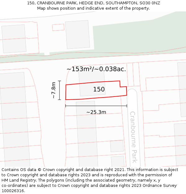150, CRANBOURNE PARK, HEDGE END, SOUTHAMPTON, SO30 0NZ: Plot and title map