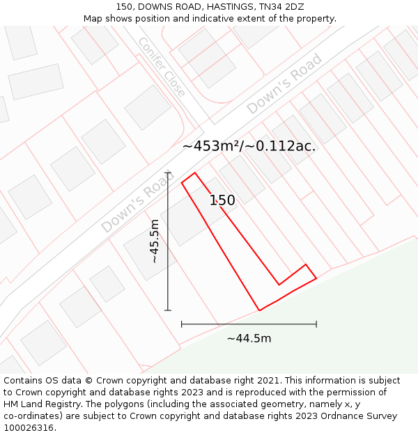 150, DOWNS ROAD, HASTINGS, TN34 2DZ: Plot and title map