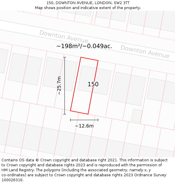 150, DOWNTON AVENUE, LONDON, SW2 3TT: Plot and title map