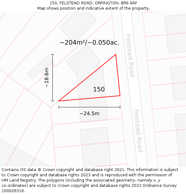 150, FELSTEAD ROAD, ORPINGTON, BR6 9AF: Plot and title map