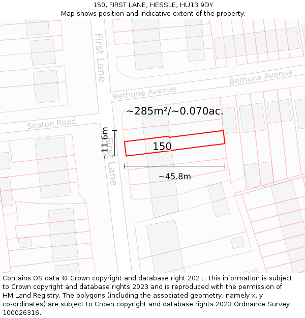 150, FIRST LANE, HESSLE, HU13 9DY: Plot and title map