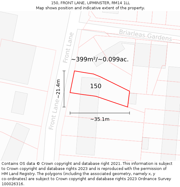 150, FRONT LANE, UPMINSTER, RM14 1LL: Plot and title map