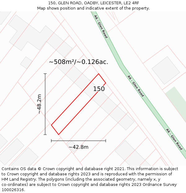150, GLEN ROAD, OADBY, LEICESTER, LE2 4RF: Plot and title map