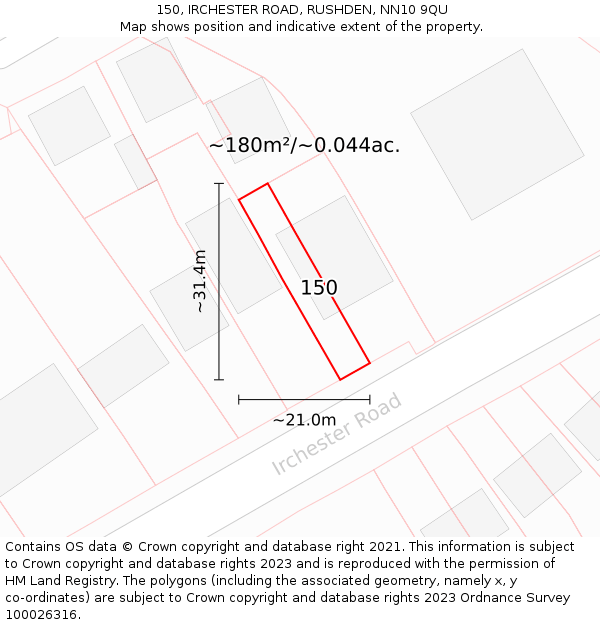 150, IRCHESTER ROAD, RUSHDEN, NN10 9QU: Plot and title map