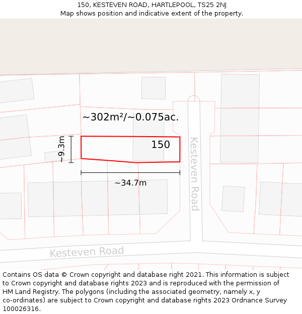 150, KESTEVEN ROAD, HARTLEPOOL, TS25 2NJ: Plot and title map
