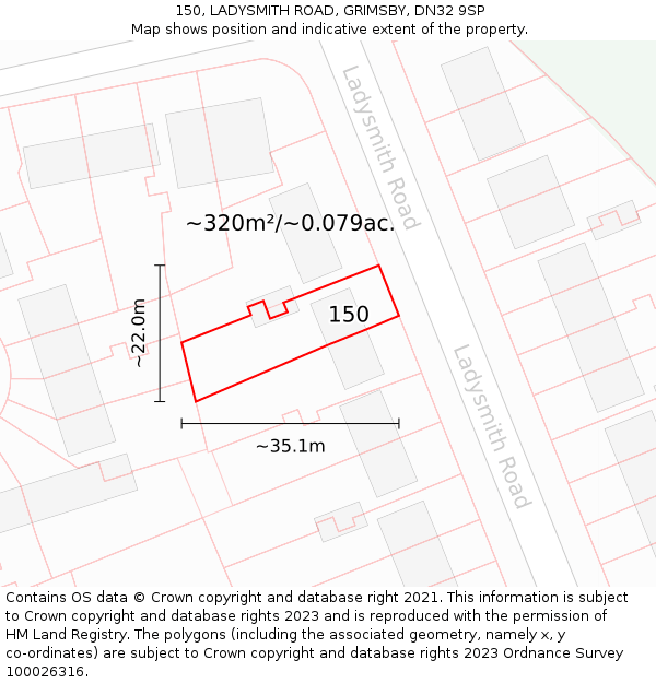 150, LADYSMITH ROAD, GRIMSBY, DN32 9SP: Plot and title map