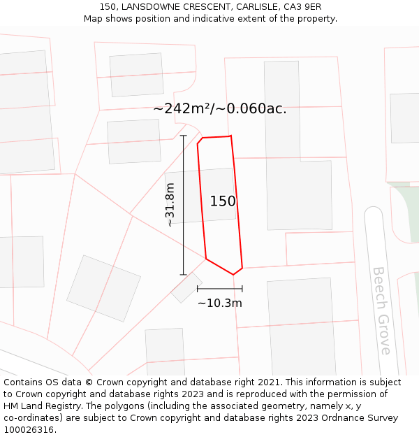 150, LANSDOWNE CRESCENT, CARLISLE, CA3 9ER: Plot and title map