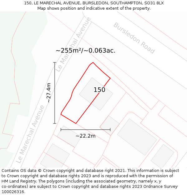 150, LE MARECHAL AVENUE, BURSLEDON, SOUTHAMPTON, SO31 8LX: Plot and title map