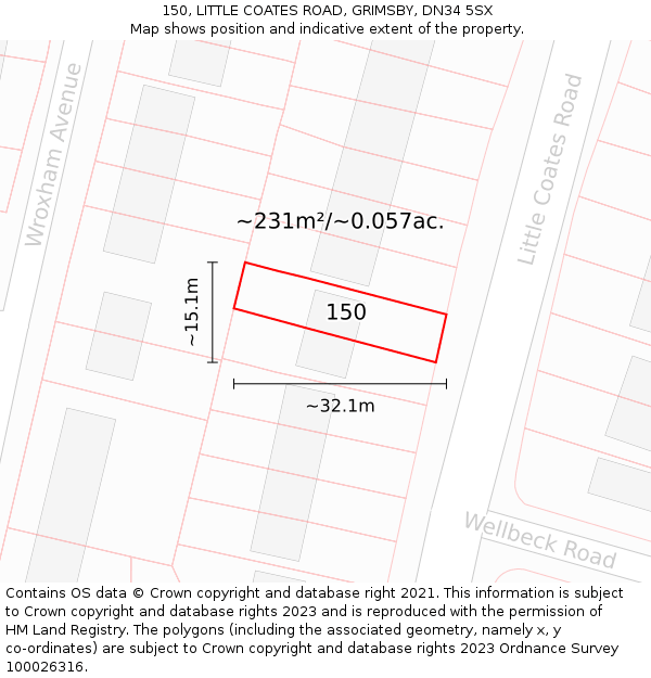 150, LITTLE COATES ROAD, GRIMSBY, DN34 5SX: Plot and title map