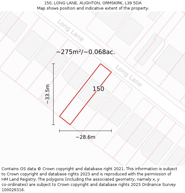 150, LONG LANE, AUGHTON, ORMSKIRK, L39 5DA: Plot and title map