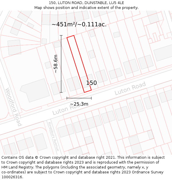 150, LUTON ROAD, DUNSTABLE, LU5 4LE: Plot and title map