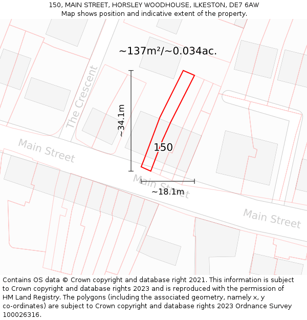150, MAIN STREET, HORSLEY WOODHOUSE, ILKESTON, DE7 6AW: Plot and title map