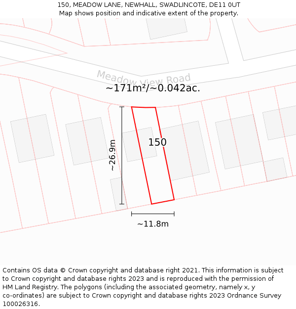 150, MEADOW LANE, NEWHALL, SWADLINCOTE, DE11 0UT: Plot and title map