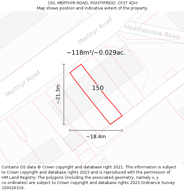 150, MERTHYR ROAD, PONTYPRIDD, CF37 4DH: Plot and title map
