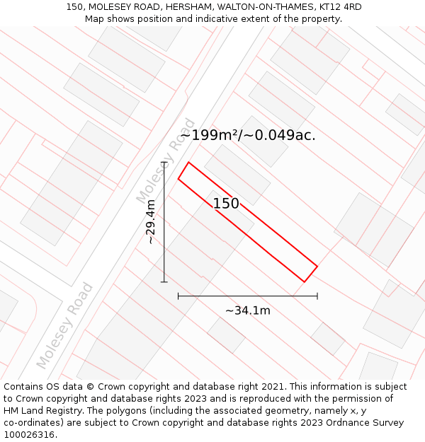 150, MOLESEY ROAD, HERSHAM, WALTON-ON-THAMES, KT12 4RD: Plot and title map