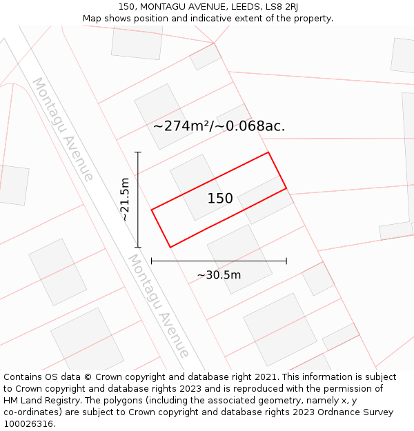 150, MONTAGU AVENUE, LEEDS, LS8 2RJ: Plot and title map