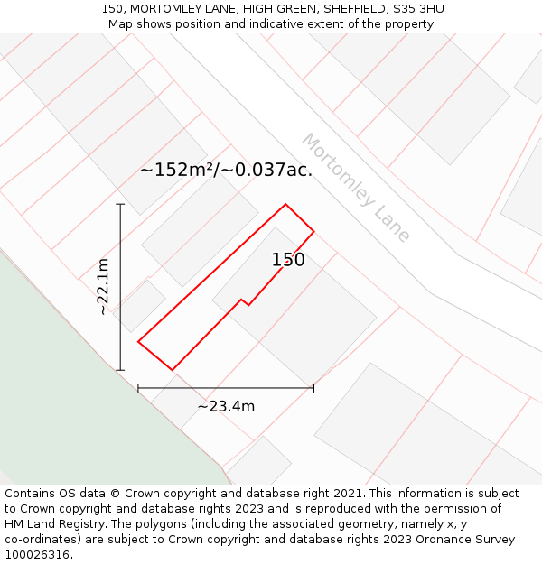 150, MORTOMLEY LANE, HIGH GREEN, SHEFFIELD, S35 3HU: Plot and title map