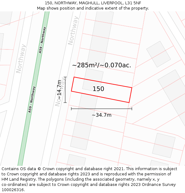 150, NORTHWAY, MAGHULL, LIVERPOOL, L31 5NF: Plot and title map